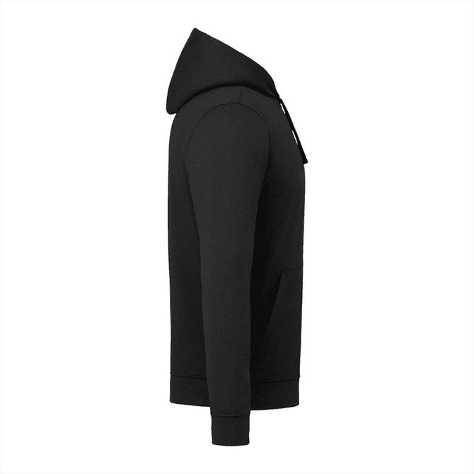 A black eco knit hoody featuring a kangaroo pocket and drawstring hood, with a logo on the front.
