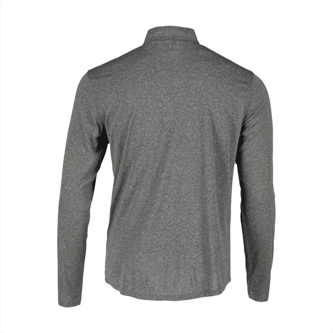 A grey men's quarter zip track jacket featuring a simple design and long sleeves. It has a branding logo on the material.