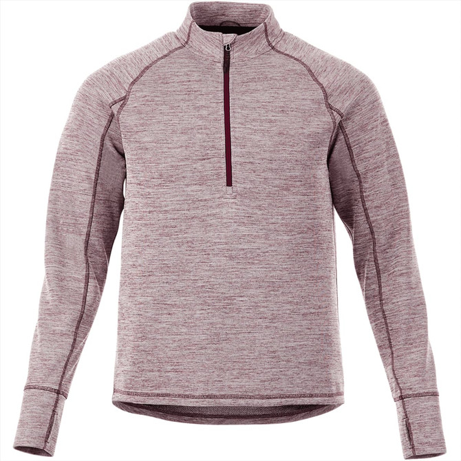 A maroon knitted half zip jumper for men, featuring long sleeves and a branded design.