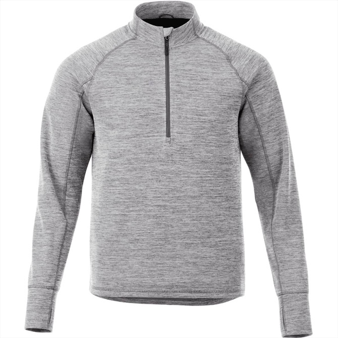A grey half-zip knitted jumper for men with long sleeves and a clean design. Features a branding logo.