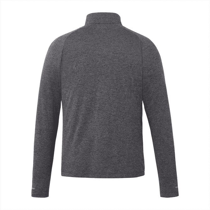 A grey quarter zip jacket with a high collar, featuring a logo on the sleeve.