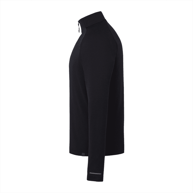 A black quarter-zip jacket with long sleeves and a logo on the side.