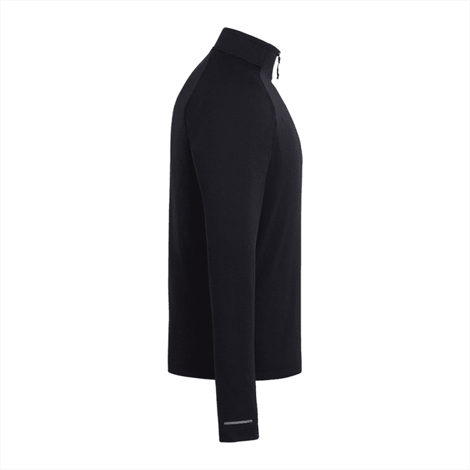 A black quarter zip jacket for men, featuring long sleeves and a fitted design, with a logo on the chest.