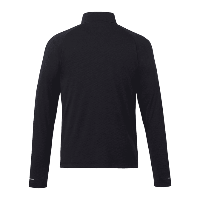 A black men's quarter zip jacket with long sleeves and a collar, featuring a logo on the sleeve.