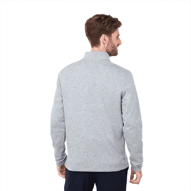 A grey quarter-zip jacket for men, featuring a soft knit texture and a simple design with a logo.