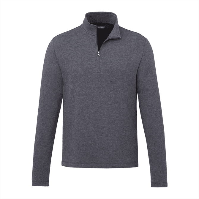A grey quarter-zip jacket with long sleeves, featuring a collar and a small logo on the chest.