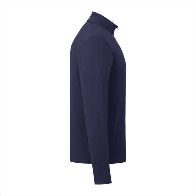 A navy quarter-zip jacket for men, featuring a stand-up collar and long sleeves. Includes a logo on the design.