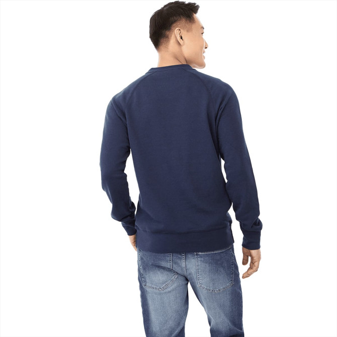 A navy blue fleece crew jumper for men, featuring a simple design and a logo on the back.
