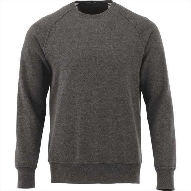 A men's crew jumper in dark grey fleece, featuring a simple design and ribbed cuffs. It has a logo.