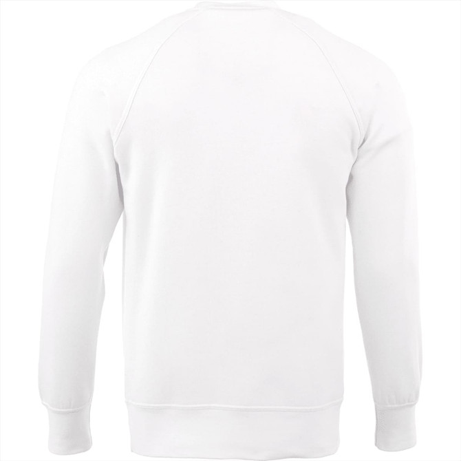 A white fleece crew jumper with long sleeves and a ribbed hem, featuring a logo on the back.
