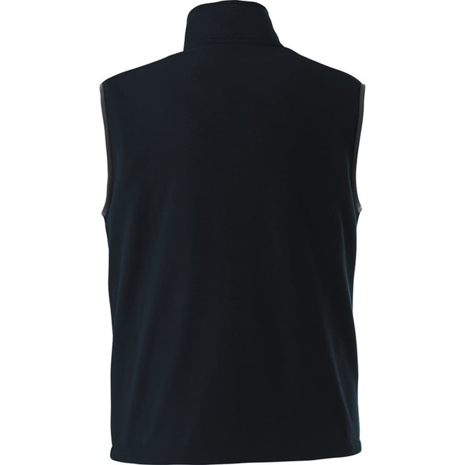 A black men's fleece vest with a high collar, featuring a simple design and a logo on the back.
