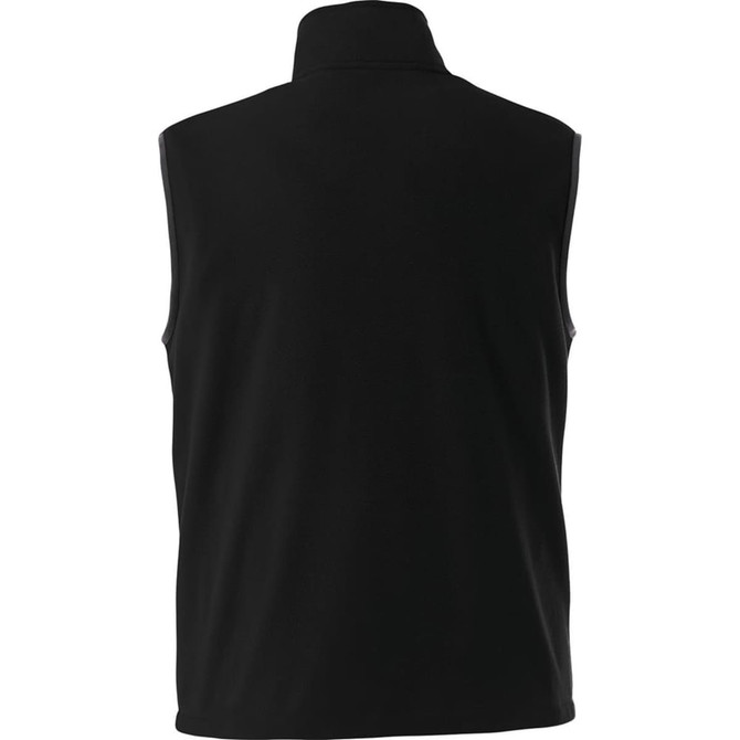 A black men's polyfleece vest with a high collar, featuring a logo.