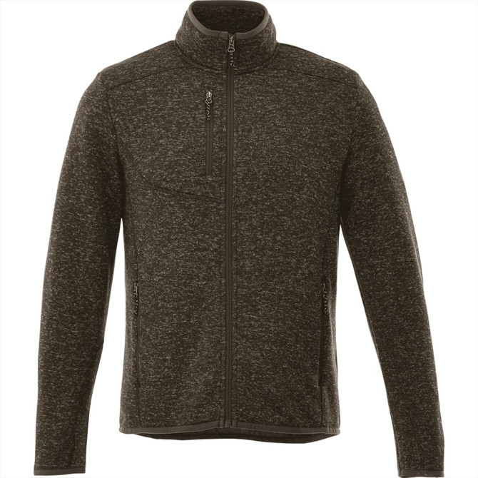 A men's knit jacket in dark grey with a zip front, high collar, and a chest pocket, featuring a logo.