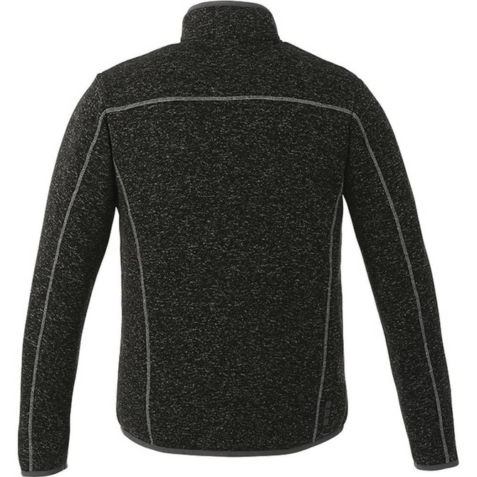A men's knit jacket in black with grey stitching, featuring a high collar and a logo on the back.