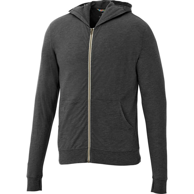 A dark grey full zip hoodie with a hood and front pockets. It features a branding logo.