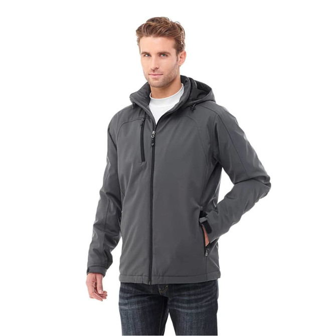 A man wearing a grey Bryce Insulated Softshell Jacket with a hood, featuring a logo on the chest.