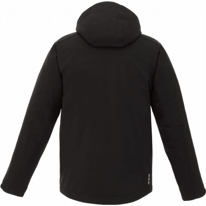 A black insulated softshell jacket for men, featuring a hood and a sleek design with a logo.
