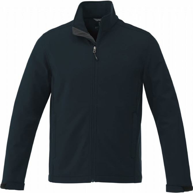 A dark navy softshell jacket for men featuring a zip front and a collar, with a simple design and logo detail.