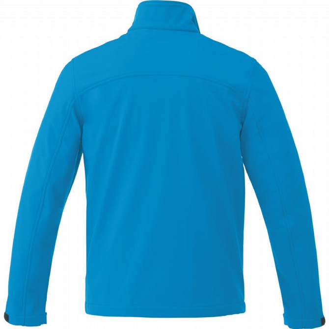 A blue softshell jacket for men, featuring a high collar and long sleeves, with a logo on the back.