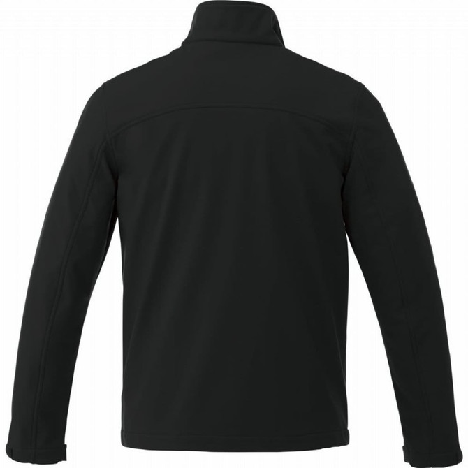 A black softshell jacket for men with a high collar and long sleeves, featuring a logo on the back.