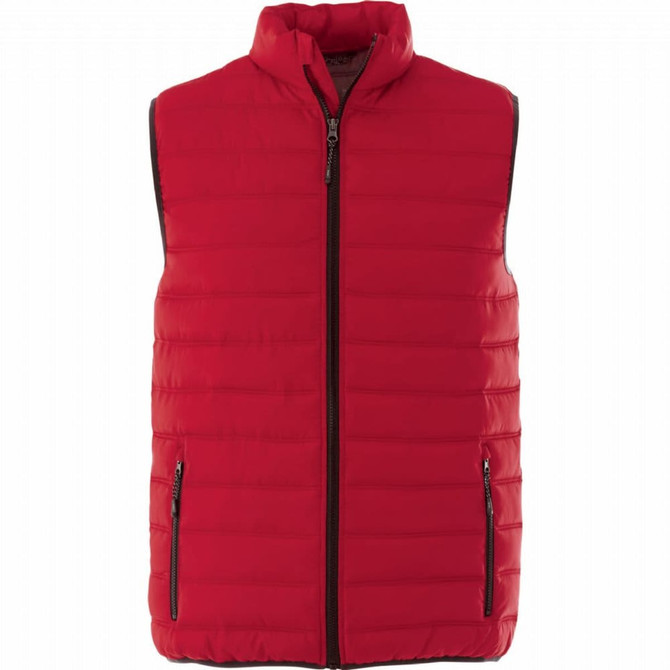 A red insulated vest with a high collar and zippered pockets, featuring a logo.