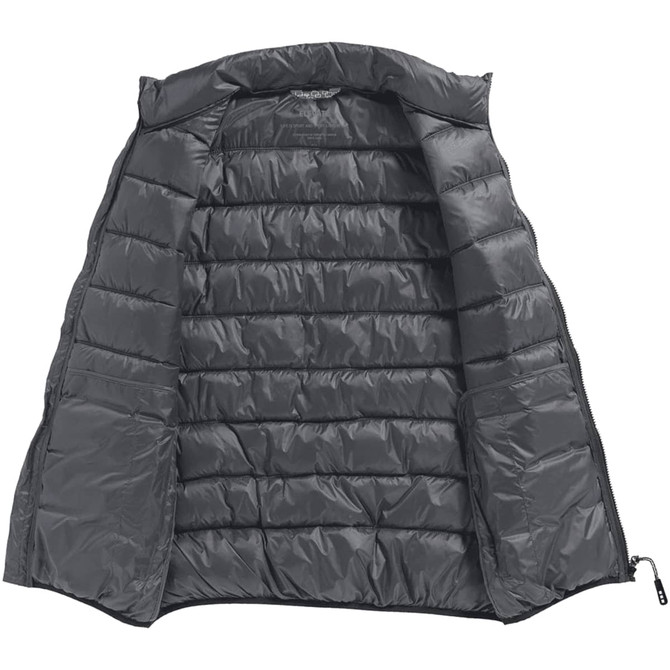 A men's Mercer insulated vest in grey with a zip closure and a logo on the inside.