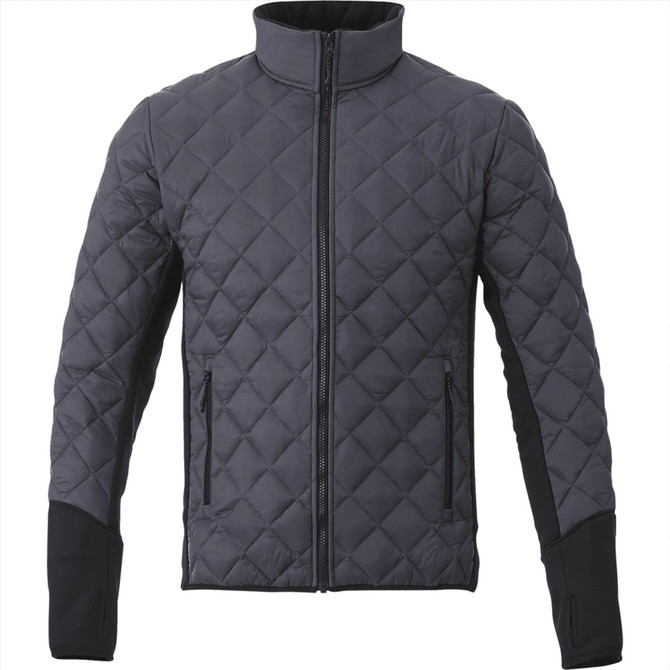 A men's insulated jacket in dark grey with a quilted pattern, featuring a high collar and zippered front. Includes branding.