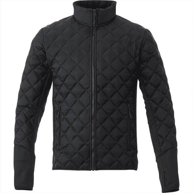 A black quilted insulated jacket with a high collar and zip closure, featuring a subtle logo.