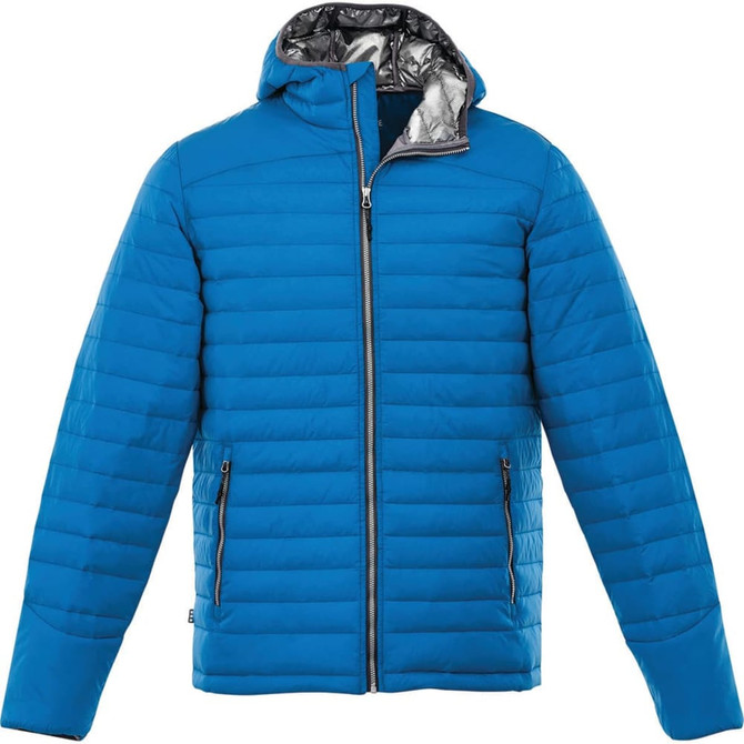 A blue puffer jacket with a hood, featuring a zip front and zippered side pockets. It has a silver lining and a logo.