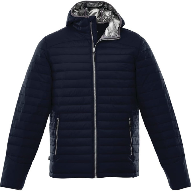 A navy puffer jacket with a hood and a silver lining, featuring a zip closure and a branded logo.