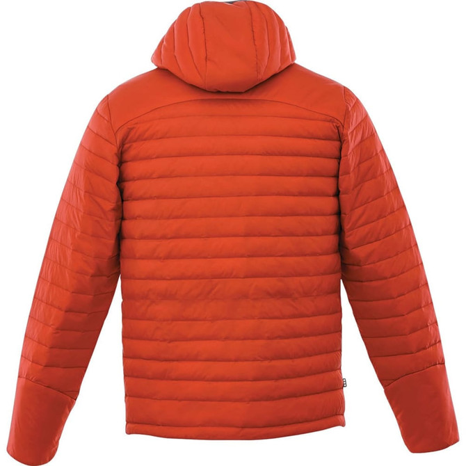 A puffer jacket in bright orange with a hood, featuring a quilted design and a logo on the back.