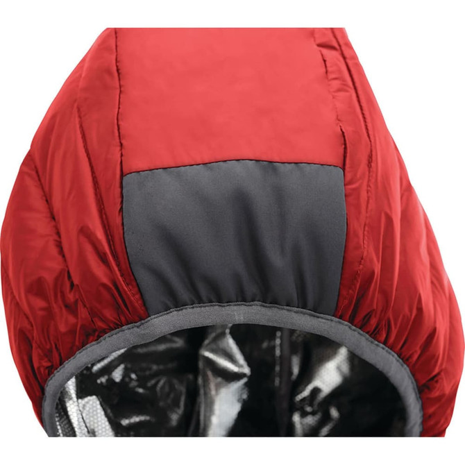 A red puffer jacket featuring a grey panel on the hood and a reflective interior lining. The jacket has a logo.