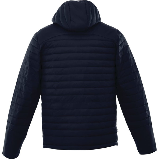 A navy puffer jacket with a hood, featuring a quilted design and long sleeves. It has a logo on the back.