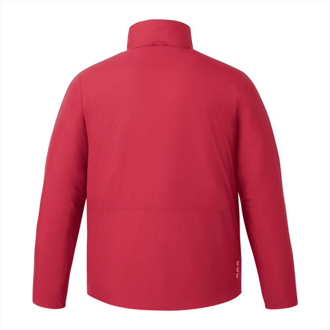 A red insulated puffer jacket for men, featuring a simple design and no visible branding on the back.