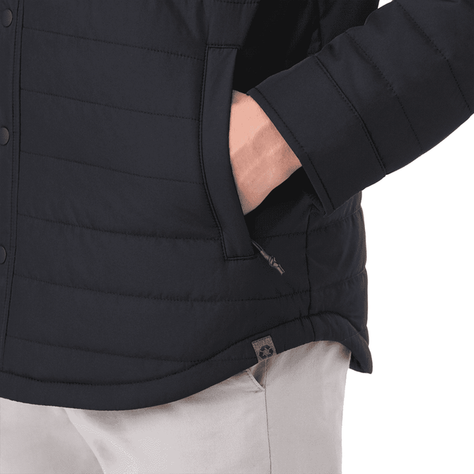 A black insulated shacket featuring a side pocket and a subtle logo detail.