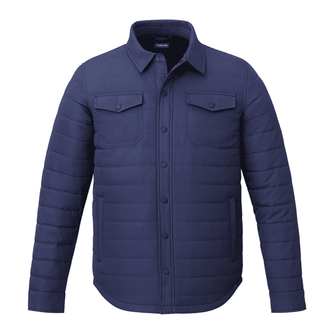 A navy insulated shacket featuring a button-up front and two chest pockets. It has a branding logo on the label.