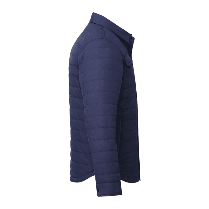 A navy insulated shacket for men featuring a buttoned collar and a side view. Includes a branding logo.