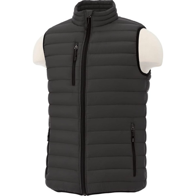 A grey insulated men's vest with a high collar and zippered pockets, featuring a logo.
