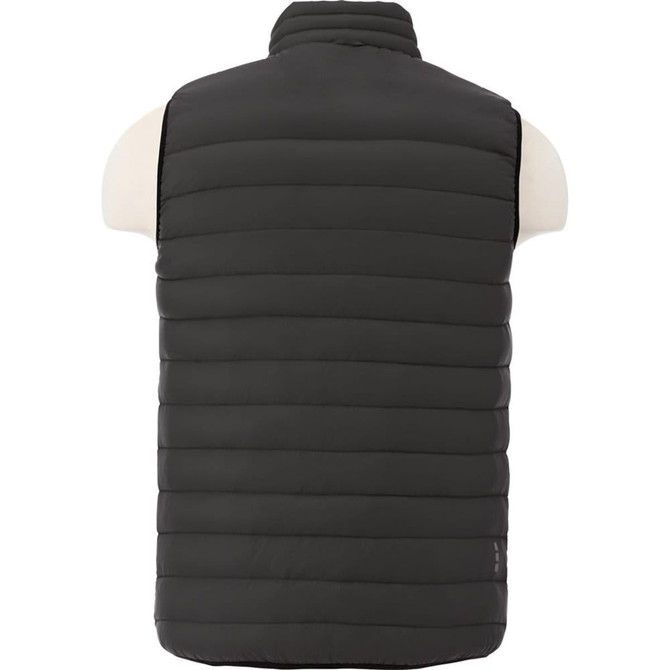 A dark grey men's down vest with a low collar and a quilted design displayed on a mannequin. Features a logo.