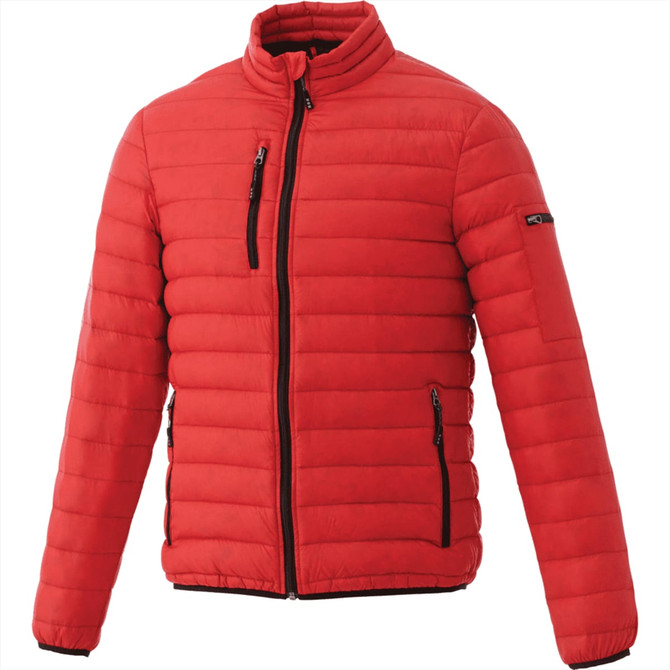 A red puffer jacket with quilted detailing and black accents, featuring zip pockets and a zip-up front.