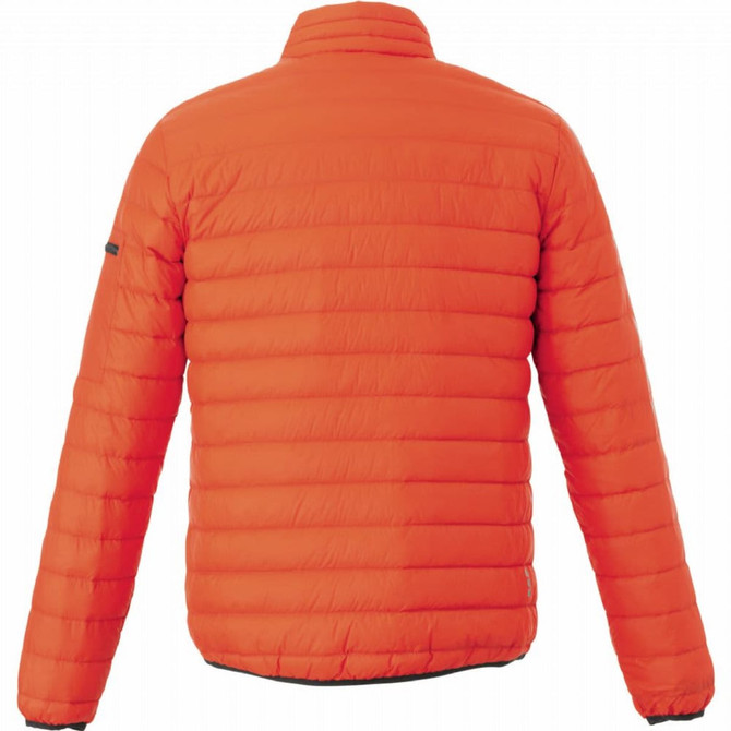 An orange puffer jacket with a quilted design and a collar, featuring a logo on one sleeve.