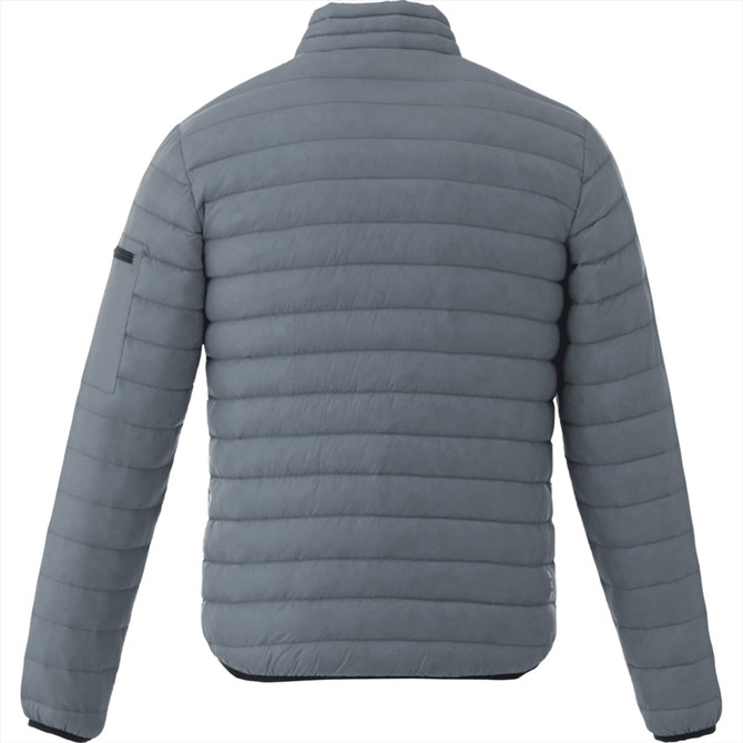 A men's puffer jacket in light grey with a quilted design and a logo on the sleeve.