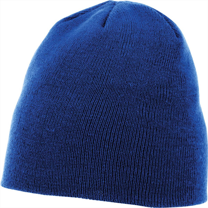 A blue knit beanie, unisex style, featuring a simple design with a subtle logo.
