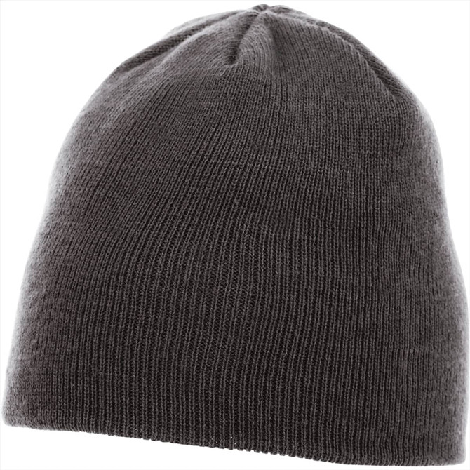 A grey unisex knit beanie featuring a smooth texture and a simple design, with a logo on the side.