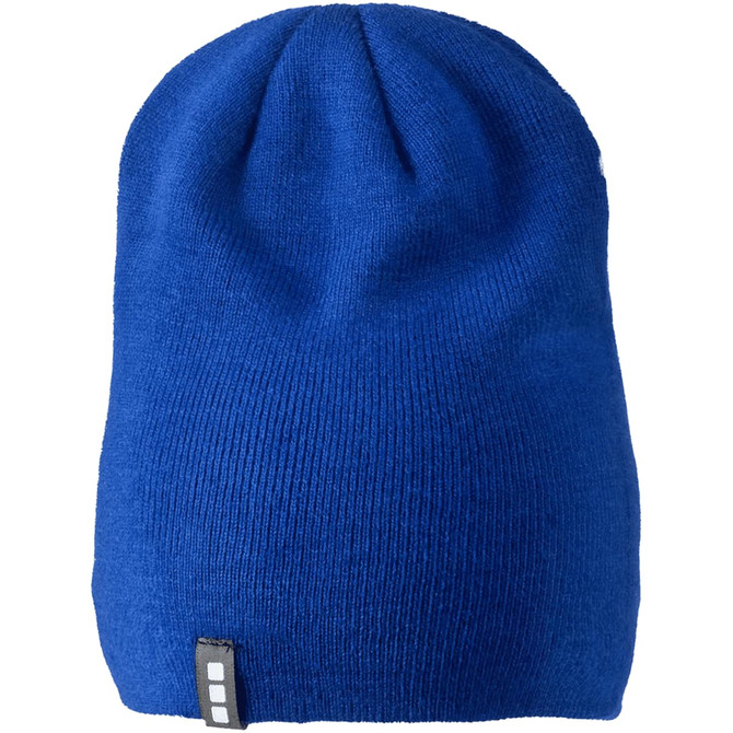 A unisex beanie in a vibrant blue colour, featuring a small logo on the side.