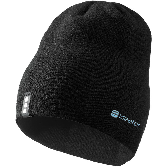 A black unisex knit beanie featuring a logo on the side, made from soft fabric.