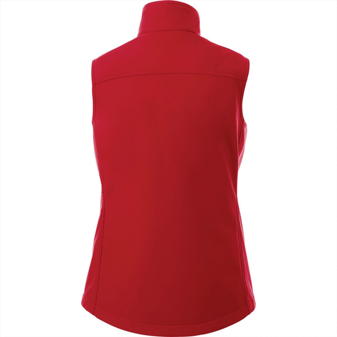 A red women's softshell vest with a high collar and no sleeves, featuring a logo.