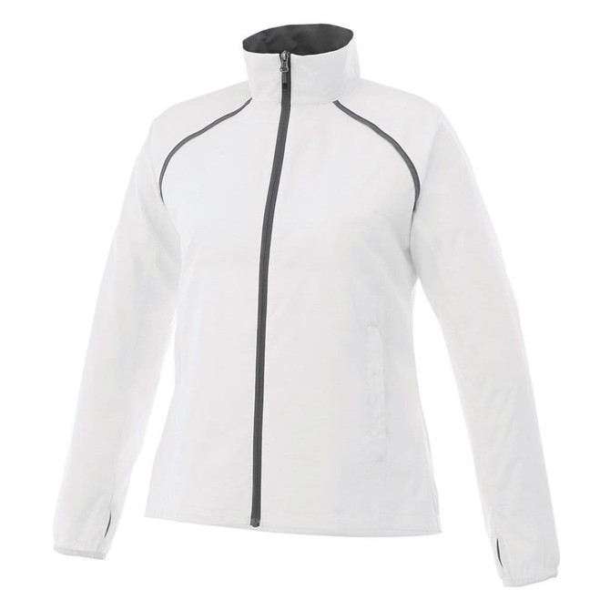 A women's packable rain jacket in white with black accents and a zippered front. It features a high collar and pockets.