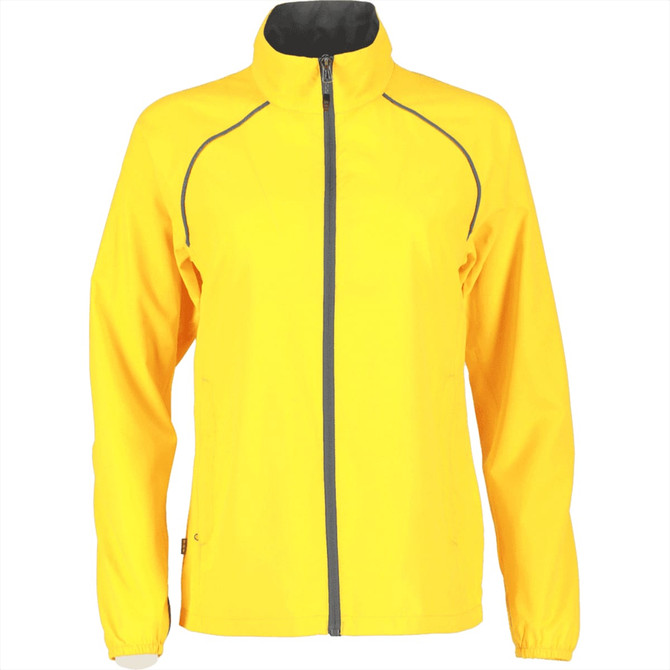A women's packable rain jacket in vibrant yellow with grey accents and a high neckline, featuring a logo.