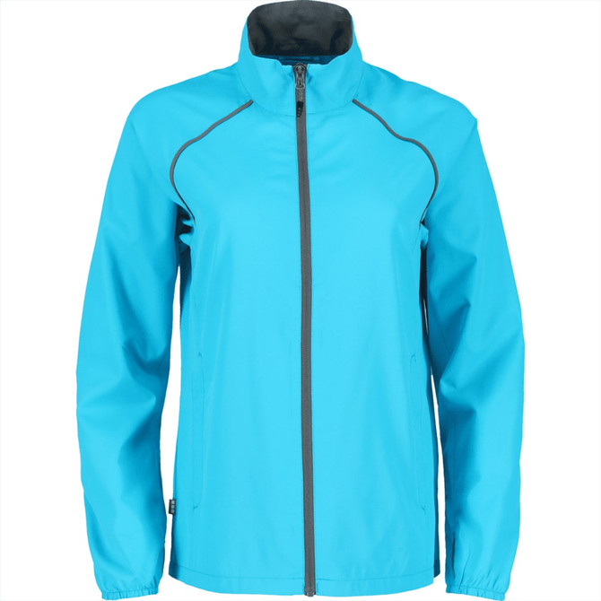 A women's rain jacket in bright turquoise with a zip front and a logo on the chest.